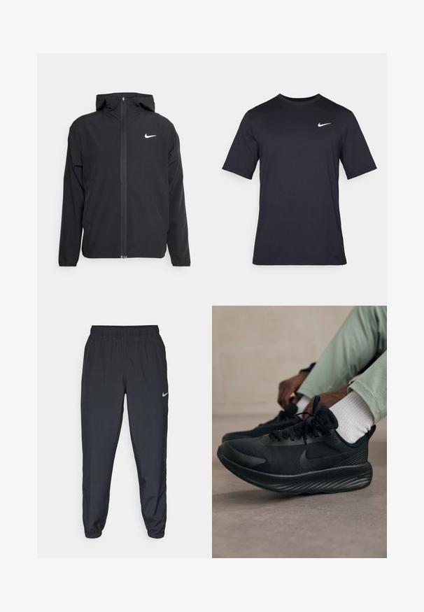 Sort Nike-jakke med hætte, fuld frontlynlås og et diskret hvidt logo på venstre bryst. Glat tekstur og letvægtsdesign.; Sort kortærmet Nike t-shirt lavet af glat stof, med et hvidt swoosh-logo på øverste venstre side, rund halsudskæring.; Sorte træningsbukser lavet af letvægtsstof med elastisk talje, ankelsyninger og et diskret Nike-logo på venstre side.; Sorte Nike løbesko har et mesh-overdel, struktureret sål og minimal branding. Designet er strømlinet og atletisk i udseende.