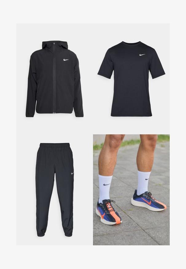 Zwarte Nike-jas met capuchon, volledige ritssluiting en een subtiele witte logo op de linkerborst. Gladde textuur en lichtgewicht ontwerp.; Zwart T-shirt met korte mouwen van Nike, gemaakt van gladde stof, met een wit swoosh-logo op de bovenlinkerzijde, ronde hals.; Zwarte trainingsbroek van lichtgewicht materiaal met een elastische tailleband, enkelmanchetten en een discreet Nike-logo aan de linkerkant.; Nike hardloopschoenen in marineblauw met oranje accenten. Bovenwerk van mesh voor ademend vermogen, dikke witte zool en zwarte veters. Draagt met witte sokken.