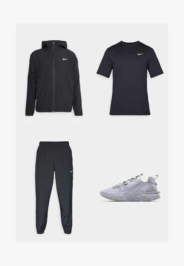 Černá bunda Nike s kapucí, plným předním zipem a decentním bílým logem na levé hrudi. Hladká textura a lehký design.; Černé triko Nike s krátkým rukávem vyrobené z hladké látky, s bílým logem swoosh na horní levé straně, klasický kulatý výstřih.; Černé tepláky vyrobené z lehkého materiálu s elastickým pasem, manžetami na kotnících a diskrétním logem Nike na levé straně.; Světlé šedé sportovní boty s prodyšným síťovaným vrškem, texturovanou gumovou podešví a reflexními akcenty. Obsahují polstrovaný límec a design se šněrováním.