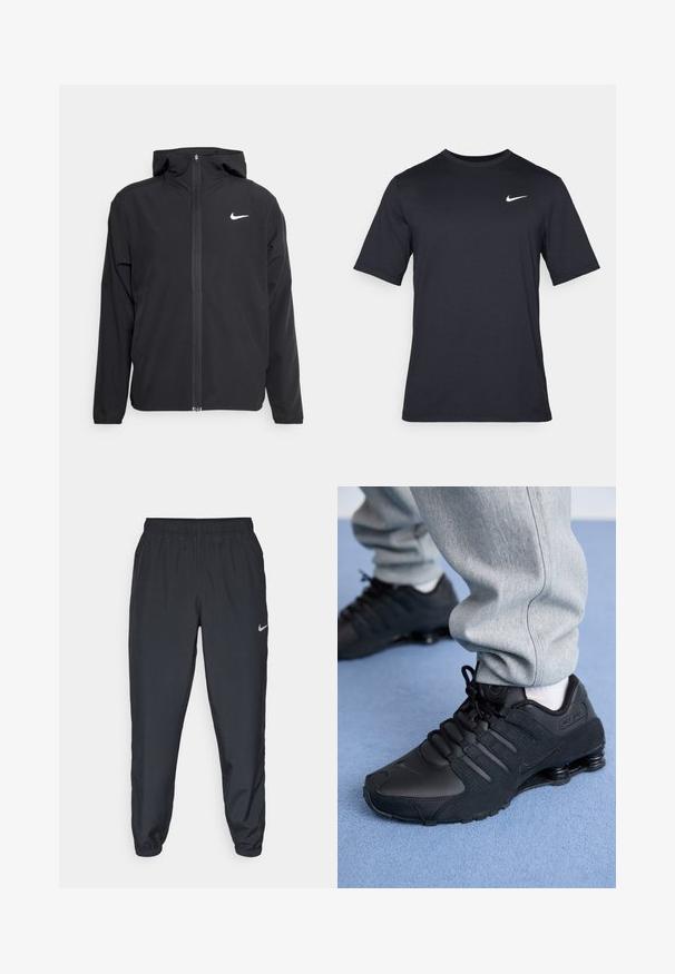 Casaco Nike preto com capuz, fecho frontal completo e um logótipo branco discreto no lado esquerdo do peito. Textura suave e design leve.; T-shirt Nike preto de manga curta, feito de um tecido suave, com um logo swoosh branco no lado superior esquerdo, gola redonda.; Calças de treino pretas feitas de um tecido leve, com um cós elástico, punhos nos tornozelos e um discreto logótipo da Nike no lado esquerdo.; Pessoa vestindo tênis Nike Shox pretos e calças de moletom cinzas, de pé em um tapete azul claro.