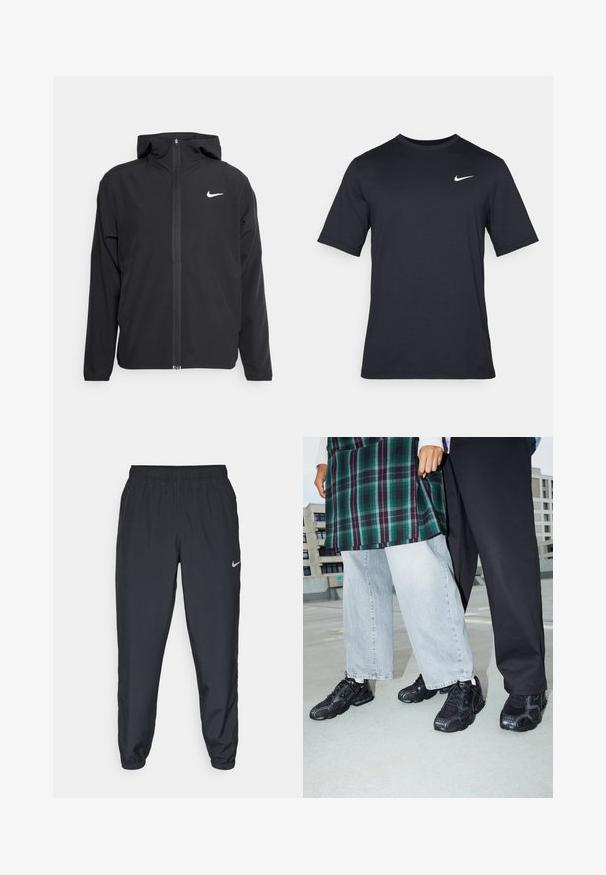 Svart Nike-jakke med hette, full frontglidelås og en subtil hvit logo på venstre bryst. Glatt tekstur og lett design.; Svart kortermet Nike t-skjorte laget av glatt stoff, med en hvit swoosh-logo på øvre venstre side, rund hals.; Svarte joggebukser laget av lett stoff med elastisk midje, ankelmanchetter og en diskret Nike-logo på venstre side.; Svart idrettssko med mesh og gummi-detaljer. Brukt med lysegrå vide jeans og en grønn rutete topp. Flat overflate i bakgrunnen.