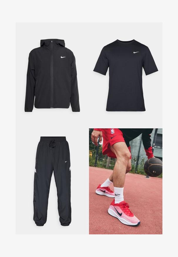 Melna Nike jakna ar kapuci, pilnu priekšējo rāvējslēdzēju un smalku baltu logotipu kreisajā krūtī. Gluda tekstūra un viegla konstrukcija.; Melnas īsām piedurknēm Nike t-krekls, izgatavots no gludas auduma, ar baltu swoosh logotipu augšējā kreisajā pusē, apaļu kakla izgriezumu.; Melni sporta bikses ar elastīgu jostasvietu, regulējamu saiti, sānu kabatām un kontrastējošām baltām svītrām gar sāniem.; Sarkani viegli basketbola apavi ar sieta dizainu un kontrastējošiem jūras zila akcentiem, apvienoti ar baltām zeķēm, kurām ir melns logo.