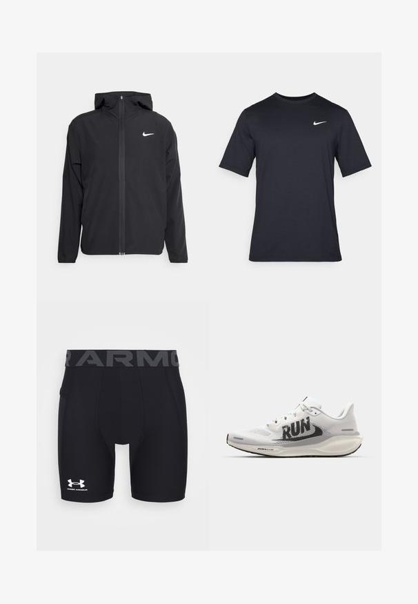Svart Nike-jakke med hette, full frontglidelås og en subtil hvit logo på venstre bryst. Glatt tekstur og lett design.; Svart kortermet Nike t-skjorte laget av glatt stoff, med en hvit swoosh-logo på øvre venstre side, rund hals.; Sorte atletiske kompresjonsshorts med en tettsittende design, elastisk midjebånd med "ARMOUR" i grått, og en hvit Under Armour-logo.; Hvit løpesko med mesh-overdel, stor svart "RUN" grafikk, lysegrå detaljer, og en polstret såle med "AIR 200M" merking.