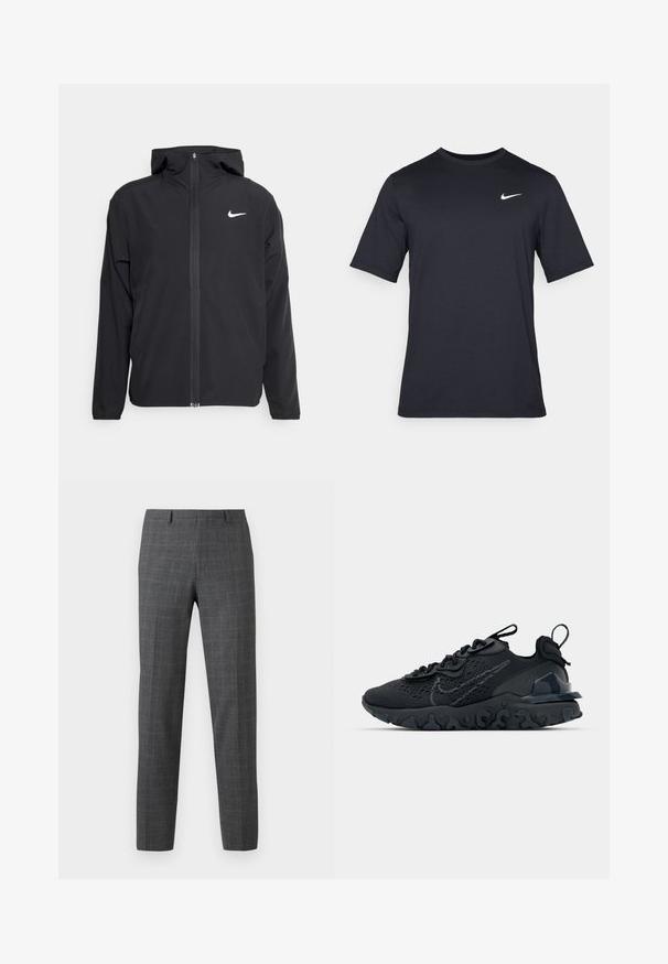 Musta Nike-takki, jossa on huppu, täysimittainen vetoketju edessä ja hienovarainen valkoinen logo vasemmassa rinnassa. Liukas pinta ja kevyt muotoilu.; Mustan lyhythihainen Nike-t-paita, joka on valmistettu sileästä kankaasta ja jossa on valkoinen swoosh-logo vasemmassa yläkulmassa, pyöreä kaula-aukko.; Harmaita ruutuleikkauksella varustettuja housuja, joissa on istuva malli, sileä pinta, suorat lahkeet ja huomaamattomat ompelu yksityiskohdat.; Mustat urheilukengät, joissa on hengittävä verkkomateriaali, kuvioidut yksityiskohdat ja aallokkomuotoinen kumipohja. Varustettu heijastavalla logolla ja nauhajalustalla.