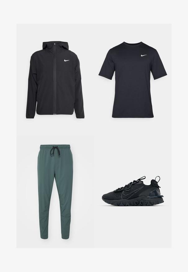 Casaco Nike preto com capuz, fecho frontal completo e um logótipo branco discreto no lado esquerdo do peito. Textura suave e design leve.; T-shirt Nike preto de manga curta, feito de um tecido suave, com um logo swoosh branco no lado superior esquerdo, gola redonda.; Nike Performance UNLIMITED PANT - Calças de fato de treino - vintage green/black; Sapatilha atlética preta com parte superior de malha respirável, detalhes texturizados e sola de borracha ondulada. Apresenta um logotipo reflexivo e um sistema de atilho.