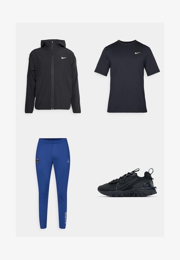Schwarze Nike-Jacke mit Kapuze, vollem Reißverschluss vorne und einem dezenten weißen Logo auf der linken Brust. Glatte Textur und leichtes Design.; Schwarzes, kurzärmliges Nike-T-Shirt aus glattem Material, mit einem weißen Swoosh-Logo auf der oberen linken Seite und Rundhalsausschnitt.; Blaue Sporthosen aus weichem Material, mit einem Paris-Logo-Patch und einem Jumpman-Logo. Schmal zulaufendes Design mit elastischem Bund.; Schwarzer Sportschuh mit atmungsaktivem Mesh-Obermaterial, strukturierten Akzenten und einer wellenförmigen Gummisohle. Verfügt über ein reflektierendes Logo und ein Schnürsystem.