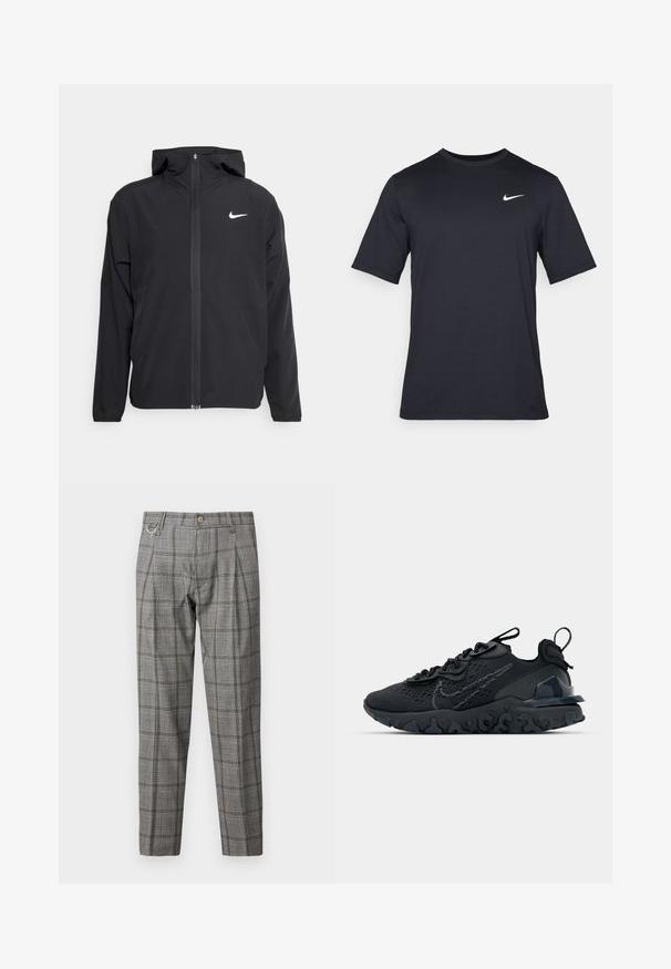 Black Nike jacket featuring a hood, full front zipper, and a subtle white logo on the left chest. Smooth texture and lightweight design.; Black short-sleeve Nike t-shirt made of smooth fabric, featuring a white swoosh logo on the upper left side, crew neckline.; Gray plaid trousers with a tailored fit, featuring a button closure, pleats, side pockets, and a metal accent loop.; Black athletic shoe with a breathable mesh upper, textured accents, and a wavy rubber sole. Features reflective logo and lacing system.