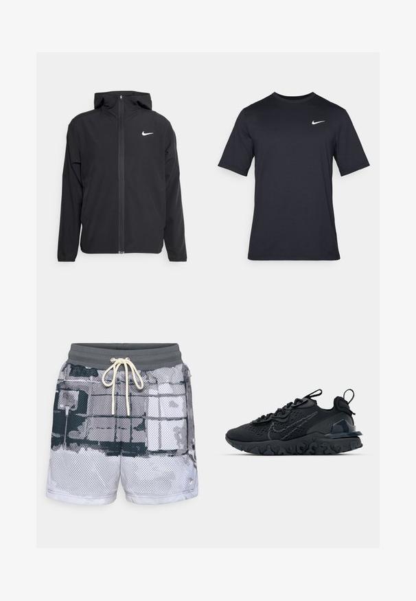 Chaqueta negra de Nike con capucha, cremallera frontal completa y un sutil logo blanco en el lado izquierdo del pecho. Textura suave y diseño ligero.; Camiseta negra de manga corta de Nike hecha de tela suave, con un logo de swoosh blanco en la parte superior izquierda y cuello cuadrado.; Pantalones cortos de malla multicolor con una cintura elástica gris y cordón. Presentan un patrón geométrico en tonos negro y gris.; Zapato deportivo negro con una parte superior de malla transpirable, acentos texturizados y una suela de goma ondulada. Presenta un logotipo reflectante y un sistema de cordones.
