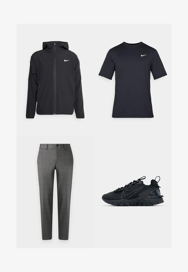 Must musta musta, täis esifrontne lukuga ja diskreetne valge logo vasakul rinnal. Sile tekstuur ja kergkaaluline disain.; Must tume musta Nike t-särk, mis on valmistatud siledast kangast, valge swoosh logo vasakul ülanurgas, ümar kaelus.; Hallidatud hallid püksid tekstuurse kangaga, sirgete jalgade lõikega, esipocketite ja lihtsa nööbiga sulgemisega vöökohal.; Must mustreesne tossudega, millel on hingav võrkmaterjalist pealis, tekstureeritud detailid ja laineline kummist tallaosa. Omab peegelduvat logo ja sidumise süsteemi.