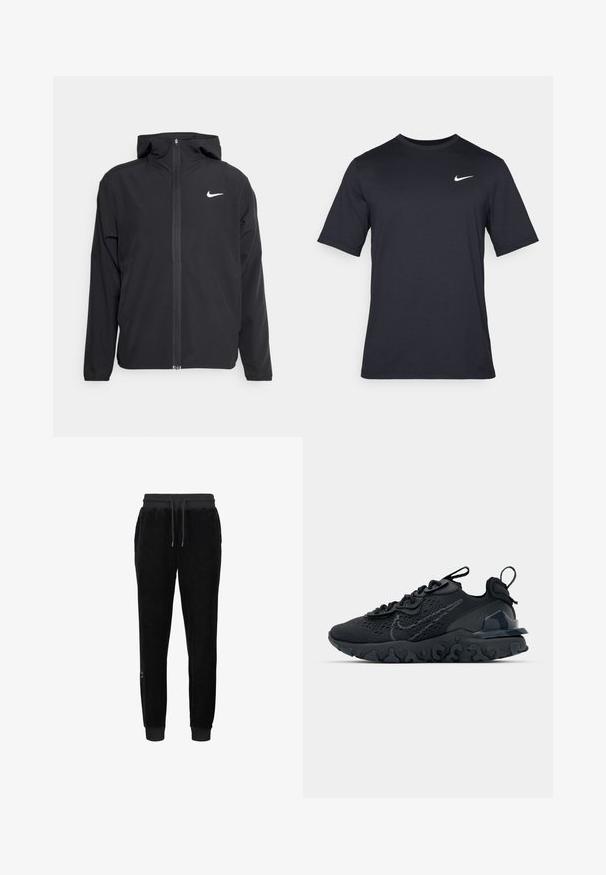 Svart Nike-jacka med huva, fullständig dragkedja fram och en subtil vit logotyp på vänster bröst. Slät textur och lättvikt design.; Svart kortärmad Nike t-shirt i slät tyg, med en vit swoosh-logotyp på övre vänstra sidan, rund halsringning.; Svarta velour-joggers med ribbad midja och cuffs, med dragsko och en liten logodetalj på den nedre sidan.; Svart idrottssko med ett andningsbart meshöverdrag, texturerade accenter och en vågig gummisula. Utrustad med reflekterande logotyp och snörsystem.