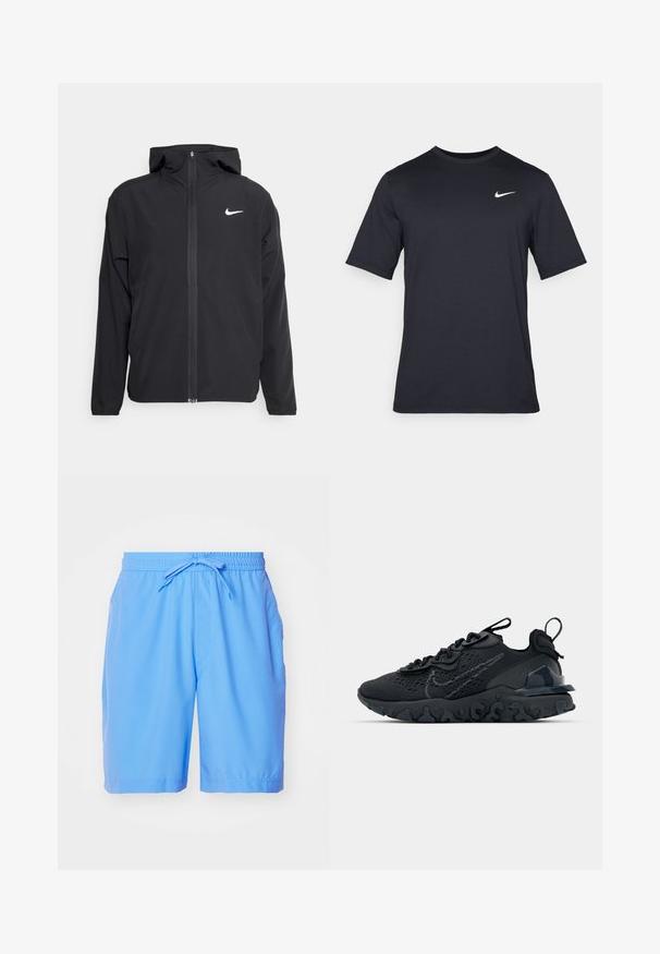 Melna Nike jakna ar kapuci, pilnu priekšējo rāvējslēdzēju un smalku baltu logotipu kreisajā krūtī. Gluda tekstūra un viegla konstrukcija.; Melnas īsām piedurknēm Nike t-krekls, izgatavots no gludas auduma, ar baltu swoosh logotipu augšējā kreisajā pusē, apaļu kakla izgriezumu.; Gaiši zili peldbikses, kas izgatavotas no gludas auduma, ar elastīgu jostu un aukliņu, kā arī sānu kabatām.; Melnas sporta kurpes ar elpojošu sieta augšdaļu, teksturētām akcentiem un viļņotu gumijas zoli. Iekļauj atstarojošu logotipu un šņorēšanas sistēmu.