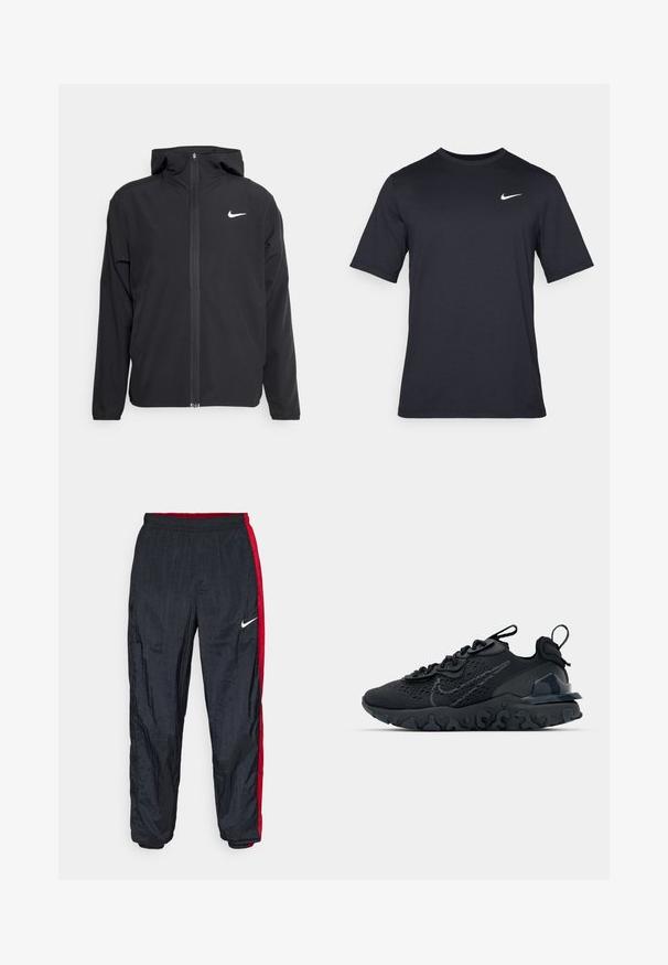 Czarna kurtka Nike z kapturem, pełnym zamkiem z przodu i subtelnym białym logo na lewej piersi. Gładka tekstura i lekka konstrukcja.; Czarna koszulka Nike z krótkim rękawem wykonana z gładkiego materiału, z białym logo swoosh na górnej lewej stronie, okrągły dekolt.; Spodnie dresowe Nike w kolorze czarnym z czerwonymi panelami bocznymi, elastycznym paskiem w talii i zwężanymi mankietami. Wykonane z gładkiego, lekkiego materiału.; Czarne sportowe buty z przewiewną siateczką na cholewce, teksturowanymi akcentami i falistą gumową podeszwą. Zawierają odblaskowe logo oraz system sznurowania.
