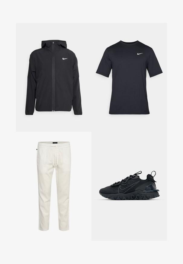 Črna Nike jakna z oblogo, polnim zadrgo in diskretnim belim logotipom na levi strani prsnega koša. Gladka tekstura in lahka zasnova.; Črna kratkotrajna majica Nike iz gladkega materiala, z belim logotipom Swoosh na zgornji levi strani, okrogel izrez.; Beli, lahki bombažni joggerji z elastičnim pasom, zavezovanjem in sproščenim krojem. Gladka tekstura brez vzorcev ali dodatkov.; Črne športne čevlje z zračno mrežno zgornjim delom, strukturiranimi dodatki in valovitim gumijastim podplatom. Imajo odsevni logo in sistem vezalk.