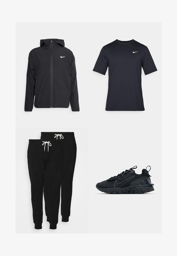 Black Nike jacket featuring a hood, full front zipper, and a subtle white logo on the left chest. Smooth texture and lightweight design.; Black short-sleeve Nike t-shirt made of smooth fabric, featuring a white swoosh logo on the upper left side, crew neckline.; Black cotton sweatpants with a drawstring waist, tapered leg, and ribbed cuffs; features two pairs displayed.; Black athletic shoe with a breathable mesh upper, textured accents, and a wavy rubber sole. Features reflective logo and lacing system.