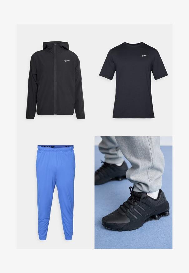 Must musta musta, täis esifrontne lukuga ja diskreetne valge logo vasakul rinnal. Sile tekstuur ja kergkaaluline disain.; Must tume musta Nike t-särk, mis on valmistatud siledast kangast, valge swoosh logo vasakul ülanurgas, ümar kaelus.; Meeste sinised spordipüksid, mis on valmistatud kergest kangast, elastse vöökoha ja musta logoga, ning kitsenevad sääred pahkluude juures.; Isik mustade Nike Shox tossudega ja hallides dressipükstes seisab helesinise vaiba peal.