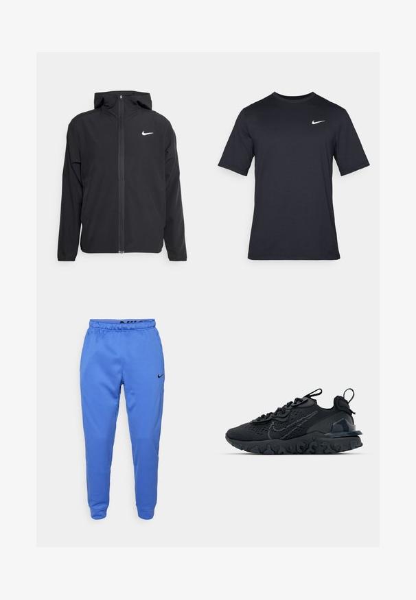 Musta Nike-takki, jossa on huppu, täysimittainen vetoketju edessä ja hienovarainen valkoinen logo vasemmassa rinnassa. Liukas pinta ja kevyt muotoilu.; Mustan lyhythihainen Nike-t-paita, joka on valmistettu sileästä kankaasta ja jossa on valkoinen swoosh-logo vasemmassa yläkulmassa, pyöreä kaula-aukko.; Siniset Nike-housut ovat valmistettu sileästä polyesteristä, niissä on joustava vyötärö ja hienovarainen logoetu vasemmalla.; Mustat urheilukengät, joissa on hengittävä verkkomateriaali, kuvioidut yksityiskohdat ja aallokkomuotoinen kumipohja. Varustettu heijastavalla logolla ja nauhajalustalla.