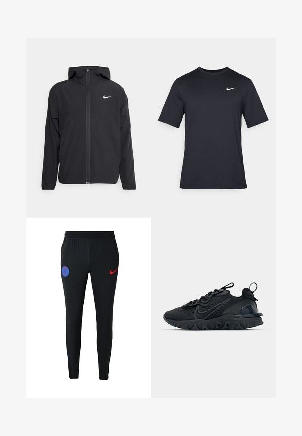 Sort Nike-jakke med hætte, fuld frontlynlås og et diskret hvidt logo på venstre bryst. Glat tekstur og letvægtsdesign.; Sort kortærmet Nike t-shirt lavet af glat stof, med et hvidt swoosh-logo på øverste venstre side, rund halsudskæring.; Sorte ribbede træningsbukser med et blåt emblem og et rødt Nike-logo, designet med en tætsiddende pasform og strækbart stof for komfort.; Sort atletisk sko med en åndbar mesh-overdel, teksturerede detaljer og en bølget gummisål. Har reflekterende logo og snørresystem.
