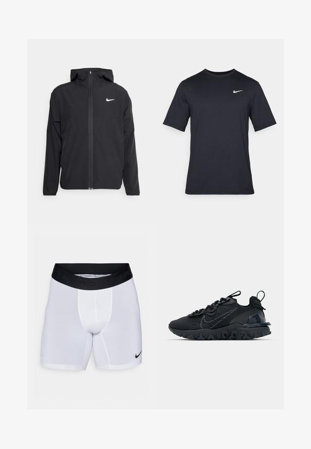 Zwarte Nike-jas met capuchon, volledige ritssluiting en een subtiele witte logo op de linkerborst. Gladde textuur en lichtgewicht ontwerp.; Zwart T-shirt met korte mouwen van Nike, gemaakt van gladde stof, met een wit swoosh-logo op de bovenlinkerzijde, ronde hals.; Witte sportshorts met een zwarte elastische tailleband met daarop de tekst "NIKE PRO". Voorzien van een zwart Nike Swoosh-logo aan de onderkant aan de rechterkant.; Zwarte sportieve schoen met een ademende bovenkant van mesh, gestructureerde accenten en een golvende rubberen zool. Heeft een reflecterende logo en vetersysteem.