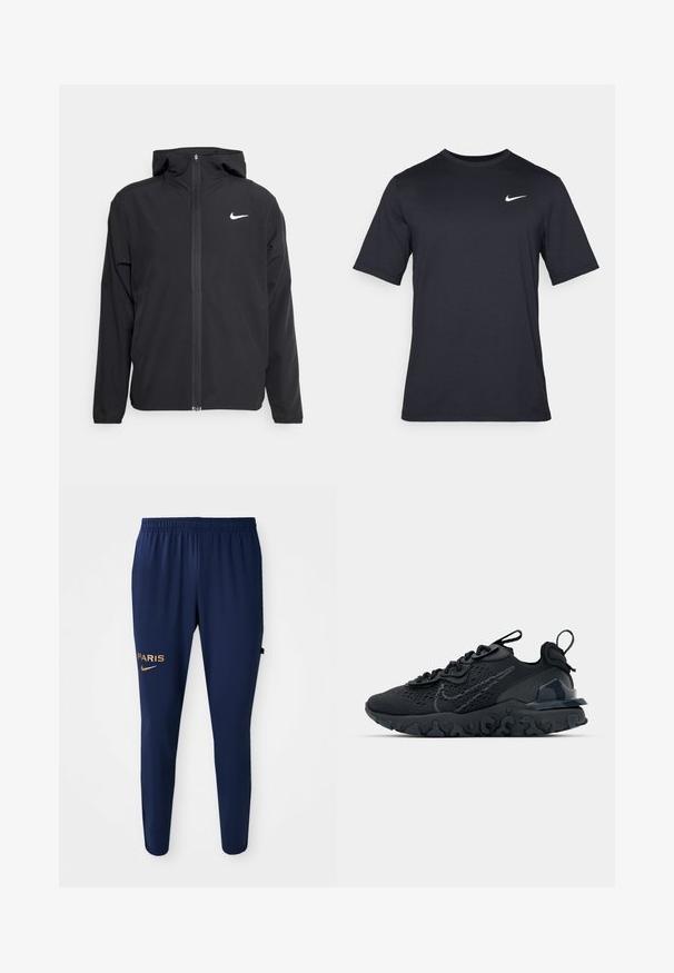 Casaco Nike preto com capuz, fecho frontal completo e um logótipo branco discreto no lado esquerdo do peito. Textura suave e design leve.; T-shirt Nike preto de manga curta, feito de um tecido suave, com um logo swoosh branco no lado superior esquerdo, gola redonda.; Calças de desporto azul marinho com cintura elástica, pernas afuniladas e logótipos em dourado "PARIS" e Nike na perna esquerda.; Sapatilha atlética preta com parte superior de malha respirável, detalhes texturizados e sola de borracha ondulada. Apresenta um logotipo reflexivo e um sistema de atilho.
