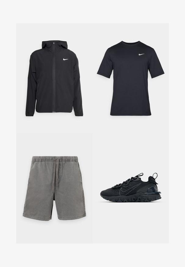 Giacca Nike nera con cappuccio, chiusura frontale con zip e un logo bianco discreto sul lato sinistro del petto. Texture liscia e design leggero.; T-shirt Nike nera a maniche corte realizzata in tessuto morbido, con il logo bianco dello swoosh nella parte superiore sinistra, colletto girocollo.; Pantaloni corti grigi in cotone con vita elastica e cordino, taglio dritto e tasche laterali singole. Texture liscia e design casual.; Scarpa sportiva nera con tomaia in mesh traspirante, dettagli testurizzati e suola in gomma ondulata. Presenta un logo riflettente e un sistema di allacciatura.