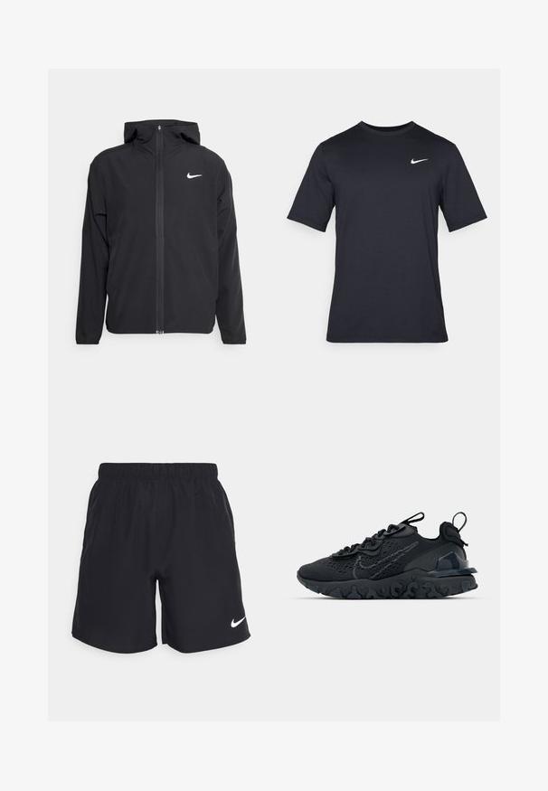 Svart Nike-jakke med hette, full frontglidelås og en subtil hvit logo på venstre bryst. Glatt tekstur og lett design.; Svart kortermet Nike t-skjorte laget av glatt stoff, med en hvit swoosh-logo på øvre venstre side, rund hals.; Sorte treningsshorts laget av lett materiale med elastisk liv og en hvit Nike-logo på venstre ben.; Svart treningssko med et pustende nettobert overdel, teksturerte detaljer og en bølget gummisåle. Har reflekterende logo og snøresystem.