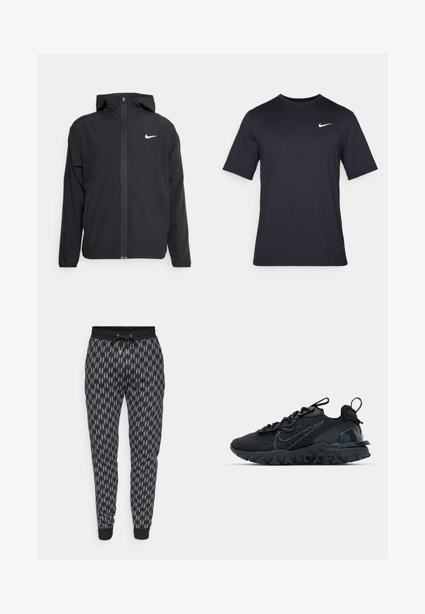 Casaco Nike preto com capuz, fecho frontal completo e um logótipo branco discreto no lado esquerdo do peito. Textura suave e design leve.; T-shirt Nike preto de manga curta, feito de um tecido suave, com um logo swoosh branco no lado superior esquerdo, gola redonda.; Sweatpants pretos com um padrão geométrico de relâmpago em cinza. Apresenta uma cintura com cordão e punhos canelados para um ajuste confortável. Feitas de um tecido macio.; Sapatilha atlética preta com parte superior de malha respirável, detalhes texturizados e sola de borracha ondulada. Apresenta um logotipo reflexivo e um sistema de atilho.