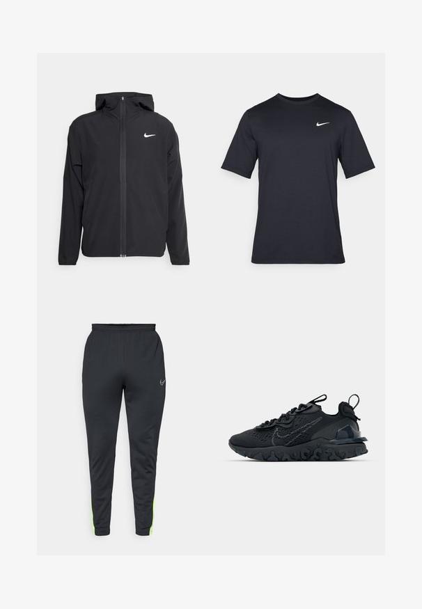 Chaqueta negra de Nike con capucha, cremallera frontal completa y un sutil logo blanco en el lado izquierdo del pecho. Textura suave y diseño ligero.; Camiseta negra de manga corta de Nike hecha de tela suave, con un logo de swoosh blanco en la parte superior izquierda y cuello cuadrado.; Pantalones deportivos negros con un diseño ajustado, cintura elástica y acentos en verde brillante a lo largo del costado. Fabricados con un material suave y ligero.; Zapato deportivo negro con una parte superior de malla transpirable, acentos texturizados y una suela de goma ondulada. Presenta un logotipo reflectante y un sistema de cordones.