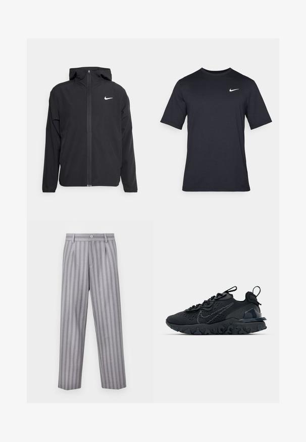 Fekete Nike dzseki kapucnival, teljes hosszúságú cipzárral és egy diszkrét fehér logóval a bal mellrészen. Sima textúra és könnyű kialakítás.; Fekete, rövid ujjú Nike póló sima anyagból, fehér swoosh logóval a bal felső oldalon, kerek nyakkivágással.; Szürke csíkozású nadrág, szabott kivitelben, gombos záródással, pliszírozással és egyenes szárú szabással. Az anyag sima textúrával rendelkezik.; Fekete sportcipő légáteresztő hálós felsőrésszel, texturált részletekkel és hullámos gumitalppal. Ráfókuszál a fényvisszaverő logóra és a fűzőrendszerre.