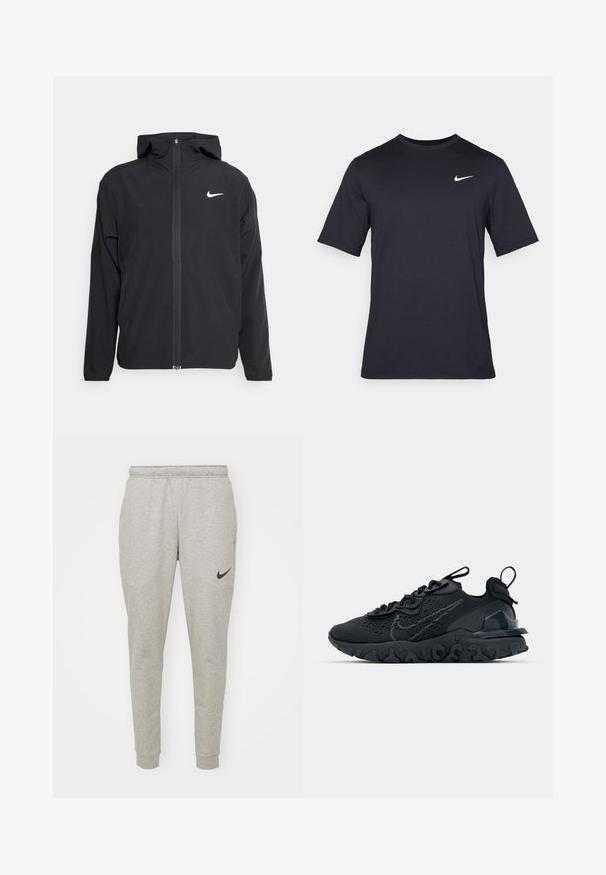 Svart Nike-jacka med huva, fullständig dragkedja fram och en subtil vit logotyp på vänster bröst. Slät textur och lättvikt design.; Svart kortärmad Nike t-shirt i slät tyg, med en vit swoosh-logotyp på övre vänstra sidan, rund halsringning.; Ljust grå träningsbyxor tillverkade av en mjuk bomullsblandning, med en avsmalnad design, elastisk midja och en svart Nike-logotyp på vänster lår.; Svart idrottssko med ett andningsbart meshöverdrag, texturerade accenter och en vågig gummisula. Utrustad med reflekterande logotyp och snörsystem.