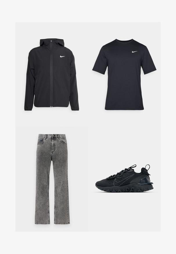 Must musta musta, täis esifrontne lukuga ja diskreetne valge logo vasakul rinnal. Sile tekstuur ja kergkaaluline disain.; Must tume musta Nike t-särk, mis on valmistatud siledast kangast, valge swoosh logo vasakul ülanurgas, ümar kaelus.; Sirged musta pesuga denimhargid, millel on ees nupp ja tõmblukk, vöökohal konksud ja viis taskut.; Must mustreesne tossudega, millel on hingav võrkmaterjalist pealis, tekstureeritud detailid ja laineline kummist tallaosa. Omab peegelduvat logo ja sidumise süsteemi.