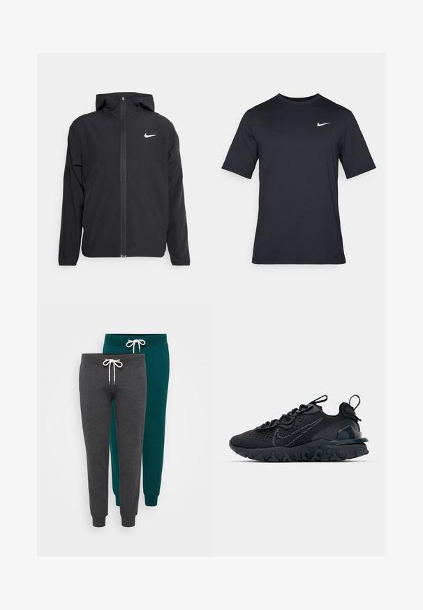 Black Nike jacket featuring a hood, full front zipper, and a subtle white logo on the left chest. Smooth texture and lightweight design.; Black short-sleeve Nike t-shirt made of smooth fabric, featuring a white swoosh logo on the upper left side, crew neckline.; Two pairs of jogger pants in charcoal gray and teal, made of soft fabric, featuring elastic cuffs and drawstring waistbands with white cords.; Black athletic shoe with a breathable mesh upper, textured accents, and a wavy rubber sole. Features reflective logo and lacing system.