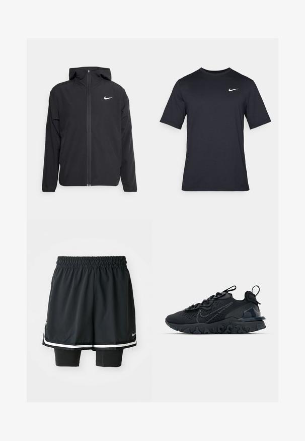 Giacca Nike nera con cappuccio, chiusura frontale con zip e un logo bianco discreto sul lato sinistro del petto. Texture liscia e design leggero.; T-shirt Nike nera a maniche corte realizzata in tessuto morbido, con il logo bianco dello swoosh nella parte superiore sinistra, colletto girocollo.; Pantaloni sportivi neri con vita elasticizzata, caratterizzati da uno strato esterno largo e pantaloncini interni attillati. Accenti a strisce bianche sull'orlo.; Scarpa sportiva nera con tomaia in mesh traspirante, dettagli testurizzati e suola in gomma ondulata. Presenta un logo riflettente e un sistema di allacciatura.
