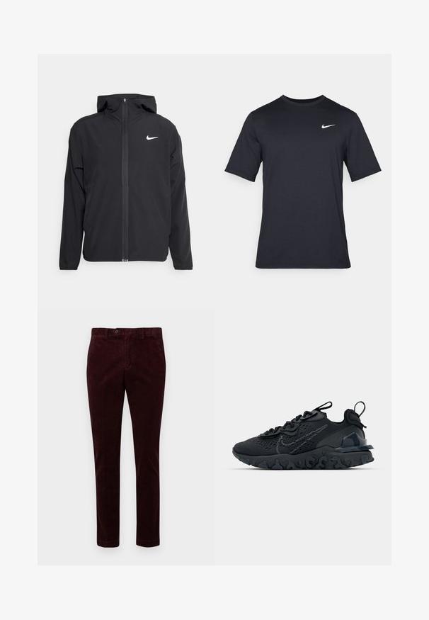Schwarze Nike-Jacke mit Kapuze, vollem Reißverschluss vorne und einem dezenten weißen Logo auf der linken Brust. Glatte Textur und leichtes Design.; Schwarzes, kurzärmliges Nike-T-Shirt aus glattem Material, mit einem weißen Swoosh-Logo auf der oberen linken Seite und Rundhalsausschnitt.; Burgunderfarbene Baumwollcordhose mit geradem Bein, ausgestattet mit einem Knopfverschluss und einem glatten Material, vor einem weißen Hintergrund präsentiert.; Schwarzer Sportschuh mit atmungsaktivem Mesh-Obermaterial, strukturierten Akzenten und einer wellenförmigen Gummisohle. Verfügt über ein reflektierendes Logo und ein Schnürsystem.