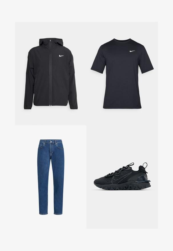 Svart Nike-jakke med hette, full frontglidelås og en subtil hvit logo på venstre bryst. Glatt tekstur og lett design.; Svart kortermet Nike t-skjorte laget av glatt stoff, med en hvit swoosh-logo på øvre venstre side, rund hals.; Blå denimjeans med strak passform, fem lommer, diskret søm og knappelukking i livet.; Svart treningssko med et pustende nettobert overdel, teksturerte detaljer og en bølget gummisåle. Har reflekterende logo og snøresystem.