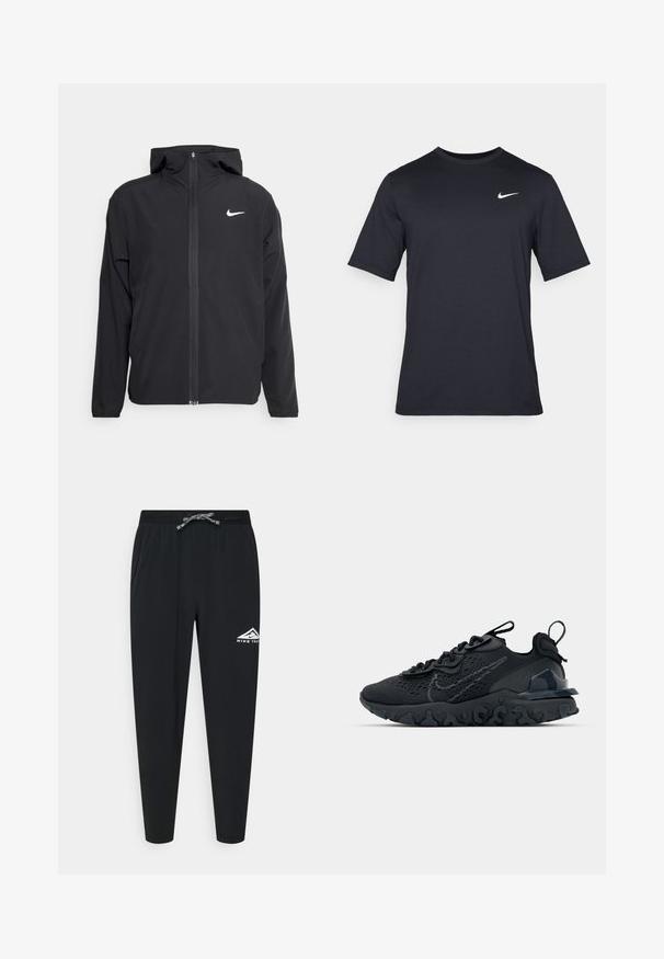 Zwarte Nike-jas met capuchon, volledige ritssluiting en een subtiele witte logo op de linkerborst. Gladde textuur en lichtgewicht ontwerp.; Zwart T-shirt met korte mouwen van Nike, gemaakt van gladde stof, met een wit swoosh-logo op de bovenlinkerzijde, ronde hals.; Zwarte sportbroek met een elastische tailleband met trekkoord, zijzakken en een wit logo-ontwerp op de linkerdij.; Zwarte sportieve schoen met een ademende bovenkant van mesh, gestructureerde accenten en een golvende rubberen zool. Heeft een reflecterende logo en vetersysteem.