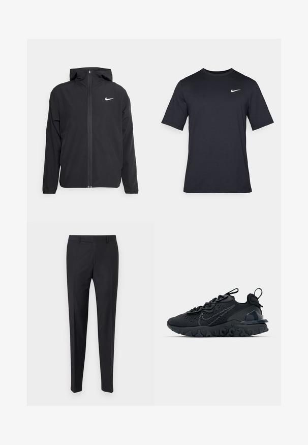 Casaco Nike preto com capuz, fecho frontal completo e um logótipo branco discreto no lado esquerdo do peito. Textura suave e design leve.; T-shirt Nike preto de manga curta, feito de um tecido suave, com um logo swoosh branco no lado superior esquerdo, gola redonda.; Calças de fato pretas com um corte ajustado, frente lisa e pernas vincadas; feitas de um tecido suave com passantes para cinto e fecho de cremalheira.; Sapatilha atlética preta com parte superior de malha respirável, detalhes texturizados e sola de borracha ondulada. Apresenta um logotipo reflexivo e um sistema de atilho.