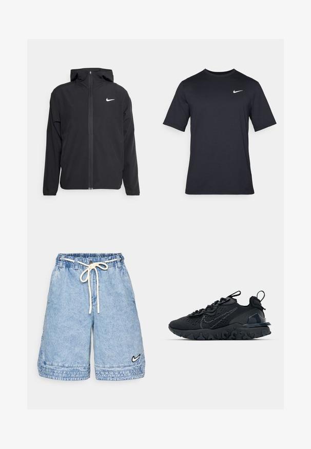 Casaco Nike preto com capuz, fecho frontal completo e um logótipo branco discreto no lado esquerdo do peito. Textura suave e design leve.; T-shirt Nike preto de manga curta, feito de um tecido suave, com um logo swoosh branco no lado superior esquerdo, gola redonda.; Calções de ganga em azul claro com um cós elástico e cordão. Apresentam bolsos laterais e um pequeno logo preto da Nike na bainha.; Sapatilha atlética preta com parte superior de malha respirável, detalhes texturizados e sola de borracha ondulada. Apresenta um logotipo reflexivo e um sistema de atilho.