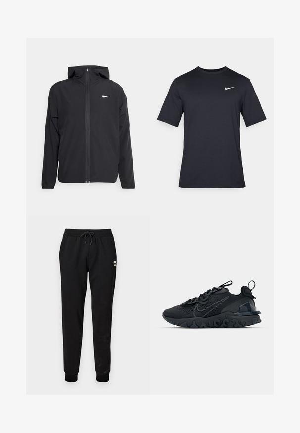 Svart Nike-jacka med huva, fullständig dragkedja fram och en subtil vit logotyp på vänster bröst. Slät textur och lättvikt design.; Svart kortärmad Nike t-shirt i slät tyg, med en vit swoosh-logotyp på övre vänstra sidan, rund halsringning.; Svarta sweatpants med elastisk midja och justerbar dragsko. Har ribbade muddar och en liten grafisk detalj på övre benet.; Svart idrottssko med ett andningsbart meshöverdrag, texturerade accenter och en vågig gummisula. Utrustad med reflekterande logotyp och snörsystem.