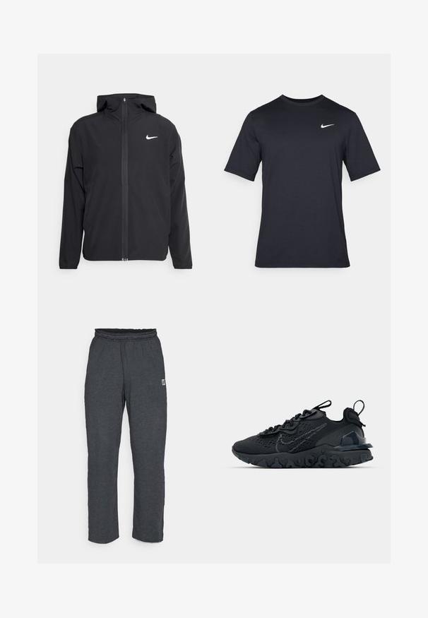 Casaco Nike preto com capuz, fecho frontal completo e um logótipo branco discreto no lado esquerdo do peito. Textura suave e design leve.; T-shirt Nike preto de manga curta, feito de um tecido suave, com um logo swoosh branco no lado superior esquerdo, gola redonda.; Calças de treino cinza-escuras com um cinto elástico e um pequeno logo no lado esquerdo. Feitas de um tecido macio e texturizado. Design de perna reta.; Sapatilha atlética preta com parte superior de malha respirável, detalhes texturizados e sola de borracha ondulada. Apresenta um logotipo reflexivo e um sistema de atilho.