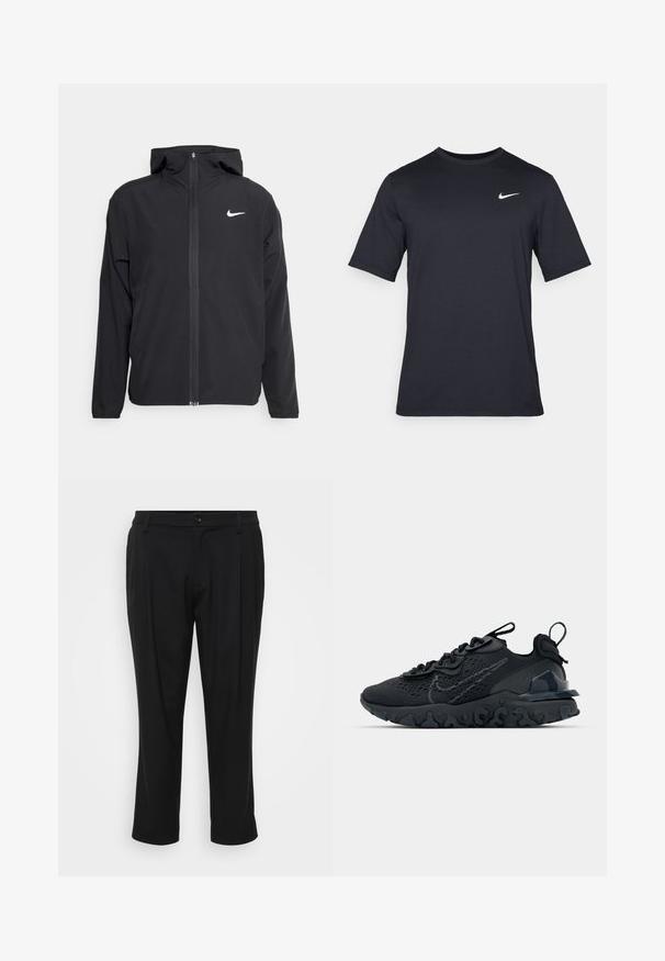 Črna Nike jakna z oblogo, polnim zadrgo in diskretnim belim logotipom na levi strani prsnega koša. Gladka tekstura in lahka zasnova.; Črna kratkotrajna majica Nike iz gladkega materiala, z belim logotipom Swoosh na zgornji levi strani, okrogel izrez.; Črne krojene hlače z ravno obliko. Narejene so iz gladkega materiala, z gumbom za zapiranje in dvema sprednjima žepoma.; Črne športne čevlje z zračno mrežno zgornjim delom, strukturiranimi dodatki in valovitim gumijastim podplatom. Imajo odsevni logo in sistem vezalk.
