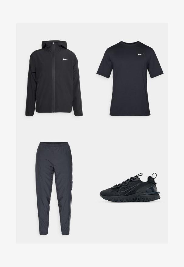 Crna Nike jakna s kapuljačom, punim prednjim patentnim zatvaračem i suptilnim bijelim logotipom na lijevoj strani prsnog koša. Glatka tekstura i lagani dizajn.; Crna kratka majica s kratkim rukavima marke Nike, izrađena od glatkog materijala, s bijelim swoosh logom na gornjoj lijevoj strani, okrugli izrez.; Tamno sive sportskih hlača od laganog materijala. Imaju elastičnu stražnju traku i bijele bočne pruge, sužene prema gležnjevima.; Crne atletske cipele s prozračnom mrežastom gornjom djelom, teksturiranim detaljima i valovitom gumenom potplatom. Sadrži reflektirajući logo i sistem vezanja.