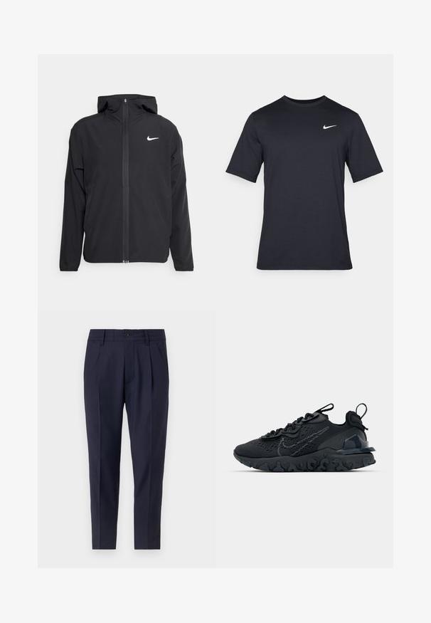Giacca Nike nera con cappuccio, chiusura frontale con zip e un logo bianco discreto sul lato sinistro del petto. Texture liscia e design leggero.; T-shirt Nike nera a maniche corte realizzata in tessuto morbido, con il logo bianco dello swoosh nella parte superiore sinistra, colletto girocollo.; Pantaloni blu navy con una vestibilità su misura, dotati di pieghe, chiusura con bottone e tasche laterali. Realizzati in un tessuto liscio con una leggera lucentezza.; Scarpa sportiva nera con tomaia in mesh traspirante, dettagli testurizzati e suola in gomma ondulata. Presenta un logo riflettente e un sistema di allacciatura.