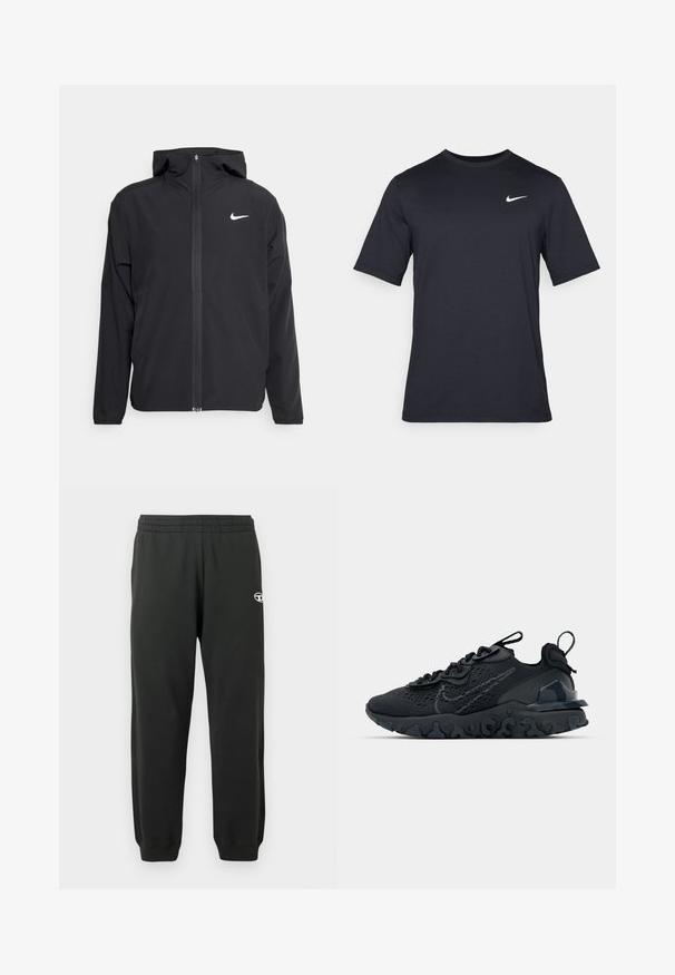 Čierna bunda Nike so kapucňou, plným predným zipsom a diskrétnym bielym logom na ľavom prsníku. Hladká textúra a ľahká konštrukcia.; Čierne tričko s krátkym rukávom značky Nike z hladkého materiálu, s bielym logom swoosh na pravej hornej strane, okrúhly výstrih.; Čierne tepláky vyrobené z mäkkého, elastického materiálu s elastickým pásom a rebrovanými manžetami. Obsahujú malé logo na stehne.; Čierna atletická topánka s priedušným sieťovaným zvrškom, textúrovanými akcentmi a vlnovou gumovou podrážkou. Obsahuje reflexné logo a systém šnurovania.