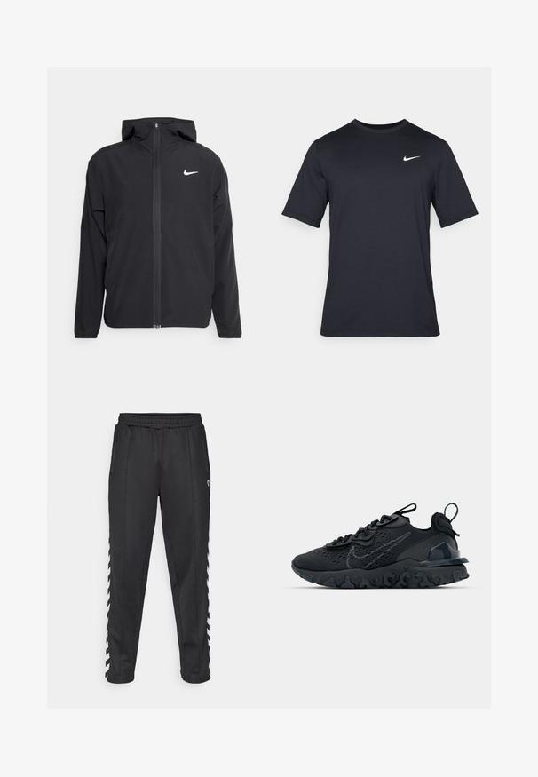 Black Nike jacket featuring a hood, full front zipper, and a subtle white logo on the left chest. Smooth texture and lightweight design.; Black short-sleeve Nike t-shirt made of smooth fabric, featuring a white swoosh logo on the upper left side, crew neckline.; Black athletic pants with an elastic waistband, featuring side zipper pockets and white zigzag accents along the sides. Smooth texture.; Black athletic shoe with a breathable mesh upper, textured accents, and a wavy rubber sole. Features reflective logo and lacing system.