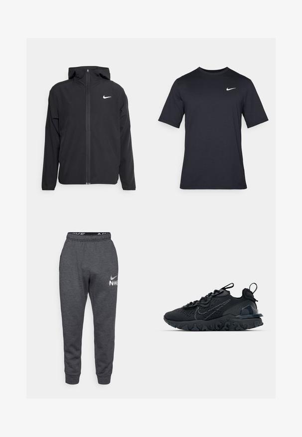 Crna Nike jakna s kapuljačom, punim prednjim patentnim zatvaračem i suptilnim bijelim logotipom na lijevoj strani prsnog koša. Glatka tekstura i lagani dizajn.; Crna kratka majica s kratkim rukavima marke Nike, izrađena od glatkog materijala, s bijelim swoosh logom na gornjoj lijevoj strani, okrugli izrez.; Sive Nike trenirke izrađene od mekane, teksturirane tkanine. Imaju pojas s vezicom, bočne džepove i bijeli Nike logo na lijevom bedru.; Crne atletske cipele s prozračnom mrežastom gornjom djelom, teksturiranim detaljima i valovitom gumenom potplatom. Sadrži reflektirajući logo i sistem vezanja.