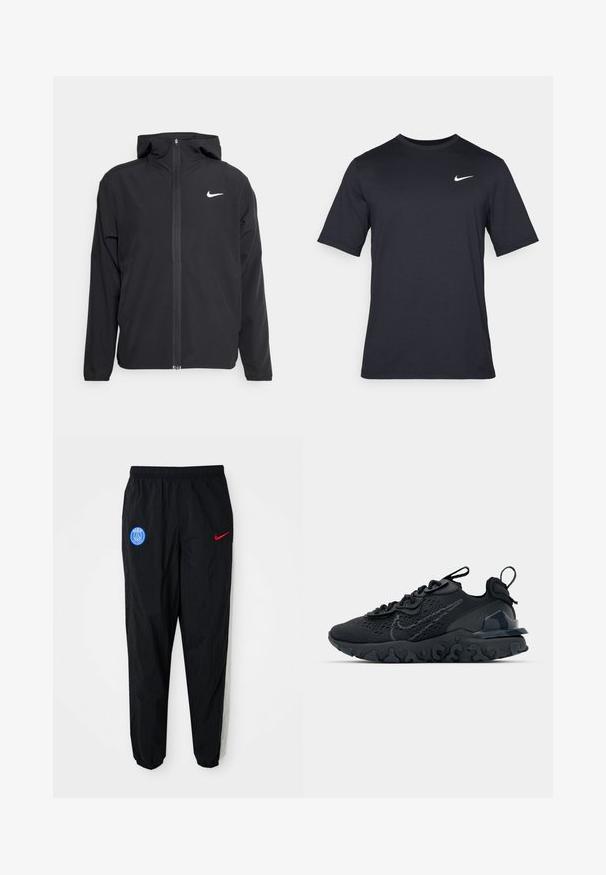Juodas Nike džemperis su gobtuvu, pilnu priekinio užtrauktuko uždarymu ir subtilia balta logo ant kairiojo krūtinės. Lygus paviršius ir lengvas dizainas.; Juodas trumpomis rankovėmis Nike marškinėliai, pagaminti iš lygaus audinio, su baltu swoosh logotipu viršutinėje kairėje pusėje, apvaliu kaklu.; Juodi sportiniai kelnės su elastinga juosta, kairėje šlaunyje įsiūtas mėlynas Paryžiaus logotipas, o dešinėje - raudonas Nike ženklas.; Juoda sportinė avalynė su kvėpuojančiu tinkliniu viršumi, tekstūruotais akcentais ir banguota guma padais. Yra atspindintis logotipas ir raištelių sistema.