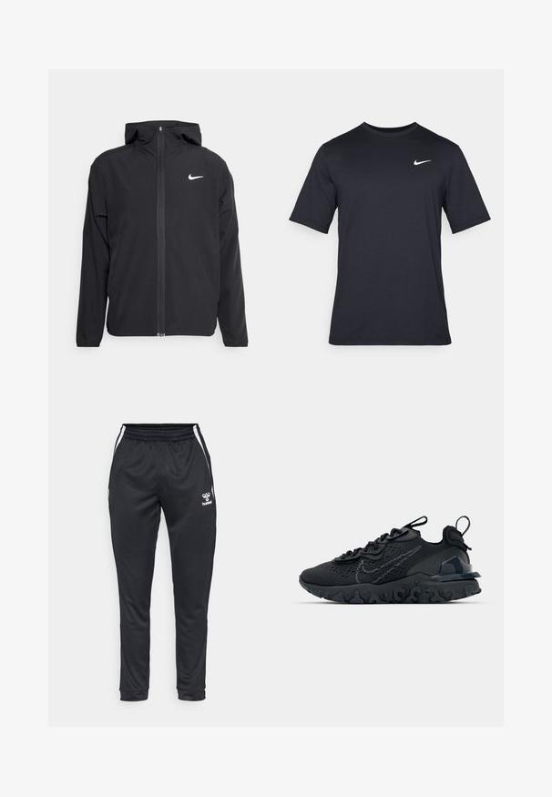 Črna Nike jakna z oblogo, polnim zadrgo in diskretnim belim logotipom na levi strani prsnega koša. Gladka tekstura in lahka zasnova.; Črna kratkotrajna majica Nike iz gladkega materiala, z belim logotipom Swoosh na zgornji levi strani, okrogel izrez.; Črne atletske hlače z elastičnim pasom, belimi stranskimi črtami in logotipom na levem stegnu. Narejene so iz gladkega, lahkega materiala.; Črne športne čevlje z zračno mrežno zgornjim delom, strukturiranimi dodatki in valovitim gumijastim podplatom. Imajo odsevni logo in sistem vezalk.