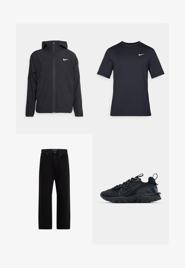 Chaqueta negra de Nike con capucha, cremallera frontal completa y un sutil logo blanco en el lado izquierdo del pecho. Textura suave y diseño ligero.; Camiseta negra de manga corta de Nike hecha de tela suave, con un logo de swoosh blanco en la parte superior izquierda y cuello cuadrado.; Pantalones de mezclilla negra con un ajuste holgado, que cuentan con un diseño estándar de cinco bolsillos, cierre de botón y un bordado sutil de la marca.; Zapato deportivo negro con una parte superior de malla transpirable, acentos texturizados y una suela de goma ondulada. Presenta un logotipo reflectante y un sistema de cordones.