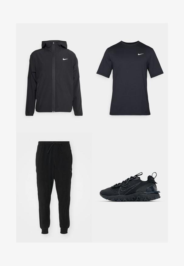 Schwarze Nike-Jacke mit Kapuze, vollem Reißverschluss vorne und einem dezenten weißen Logo auf der linken Brust. Glatte Textur und leichtes Design.; Schwarzes, kurzärmliges Nike-T-Shirt aus glattem Material, mit einem weißen Swoosh-Logo auf der oberen linken Seite und Rundhalsausschnitt.; Schwarze Jogginghosen aus weichem Material verfügen über einen Kordelzugbund, elastische Bündchen und Seitentaschen; glatte Textur mit minimaler Gestaltung.; Schwarzer Sportschuh mit atmungsaktivem Mesh-Obermaterial, strukturierten Akzenten und einer wellenförmigen Gummisohle. Verfügt über ein reflektierendes Logo und ein Schnürsystem.