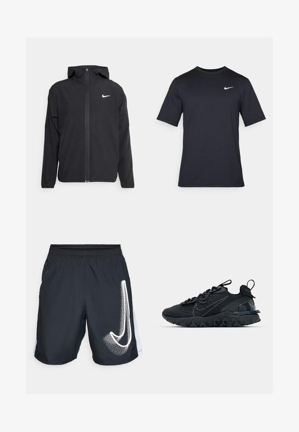 Sort Nike-jakke med hætte, fuld frontlynlås og et diskret hvidt logo på venstre bryst. Glat tekstur og letvægtsdesign.; Sort kortærmet Nike t-shirt lavet af glat stof, med et hvidt swoosh-logo på øverste venstre side, rund halsudskæring.; Sorte atletiske shorts lavet af letvægtsstof, med et hvidt grafisk design på venstre ben og hvide sidestræk. Elastisk talje.; Sort atletisk sko med en åndbar mesh-overdel, teksturerede detaljer og en bølget gummisål. Har reflekterende logo og snørresystem.